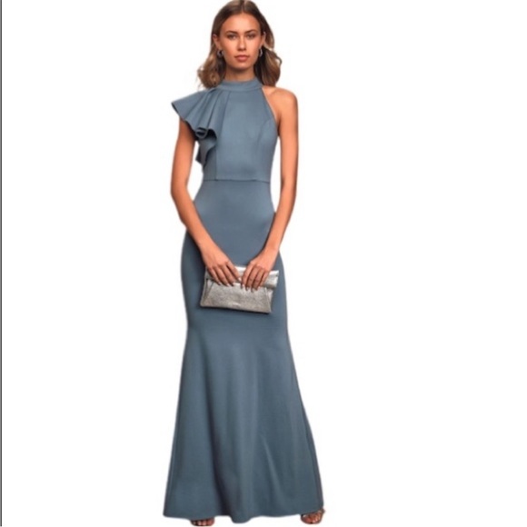 Lulus Margaux One shoulder maxi dress in slate NEW - Picture 1 of 16
